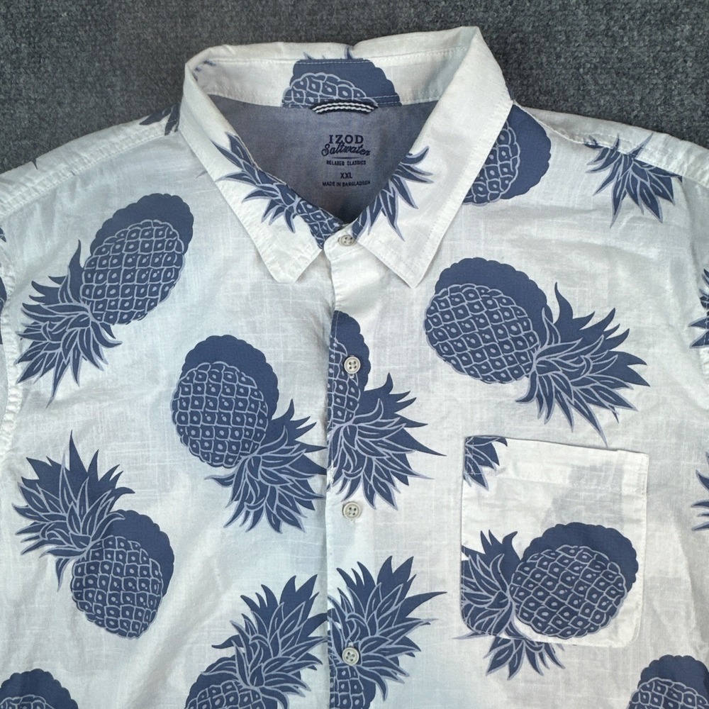 IZOD Saltwater Mens 2XL Blue Pineapple All Over Hawaiian Print Relaxed Fit Shirt